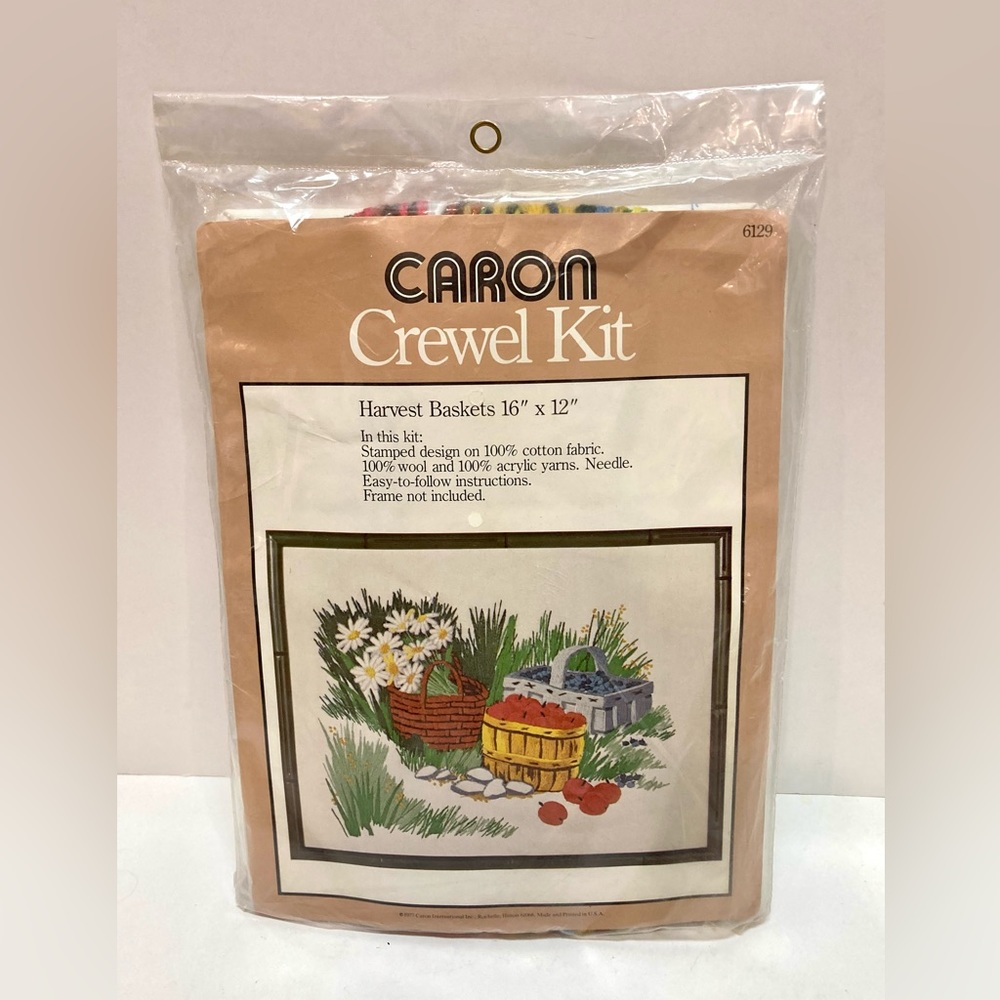 Vintage 1977 Caron Crewel Embroidery Kit Harvest Baskets 16 X 12 Design New
